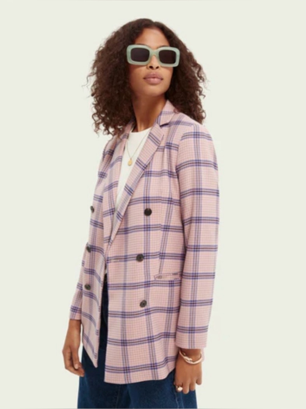 Scotch & Soda Pink Plaid Double-Breasted Houndstooth Voyage Blazer